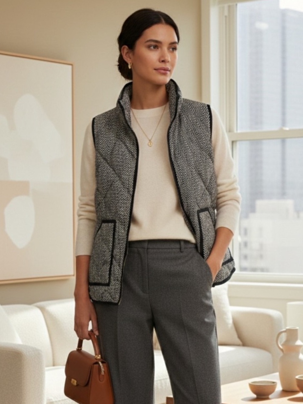J. Crew Herringbone Quilted Down Fill Puffer Vest Black Tan S
